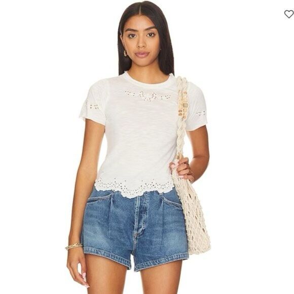 Free People Call Me Baby Eyelet Tee In Ivory - Picture 1 of 4